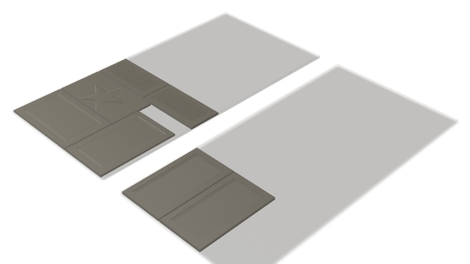 An order built in Autodesk Fusion: two 1220 × 2440 mm sheets side by side with the doors nested on them