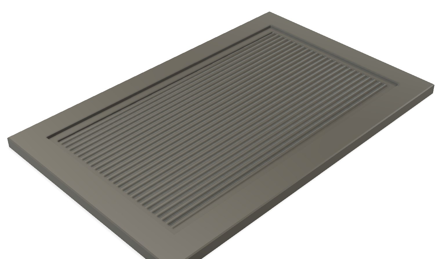 A Shaker-Reeded door modelled in Autodesk Fusion: recessed shaker frame with half-round reeds across the centre panel