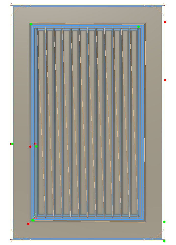 Top view of automatic toolpaths on a V-grooved door in the Fusion Manufacture workspace