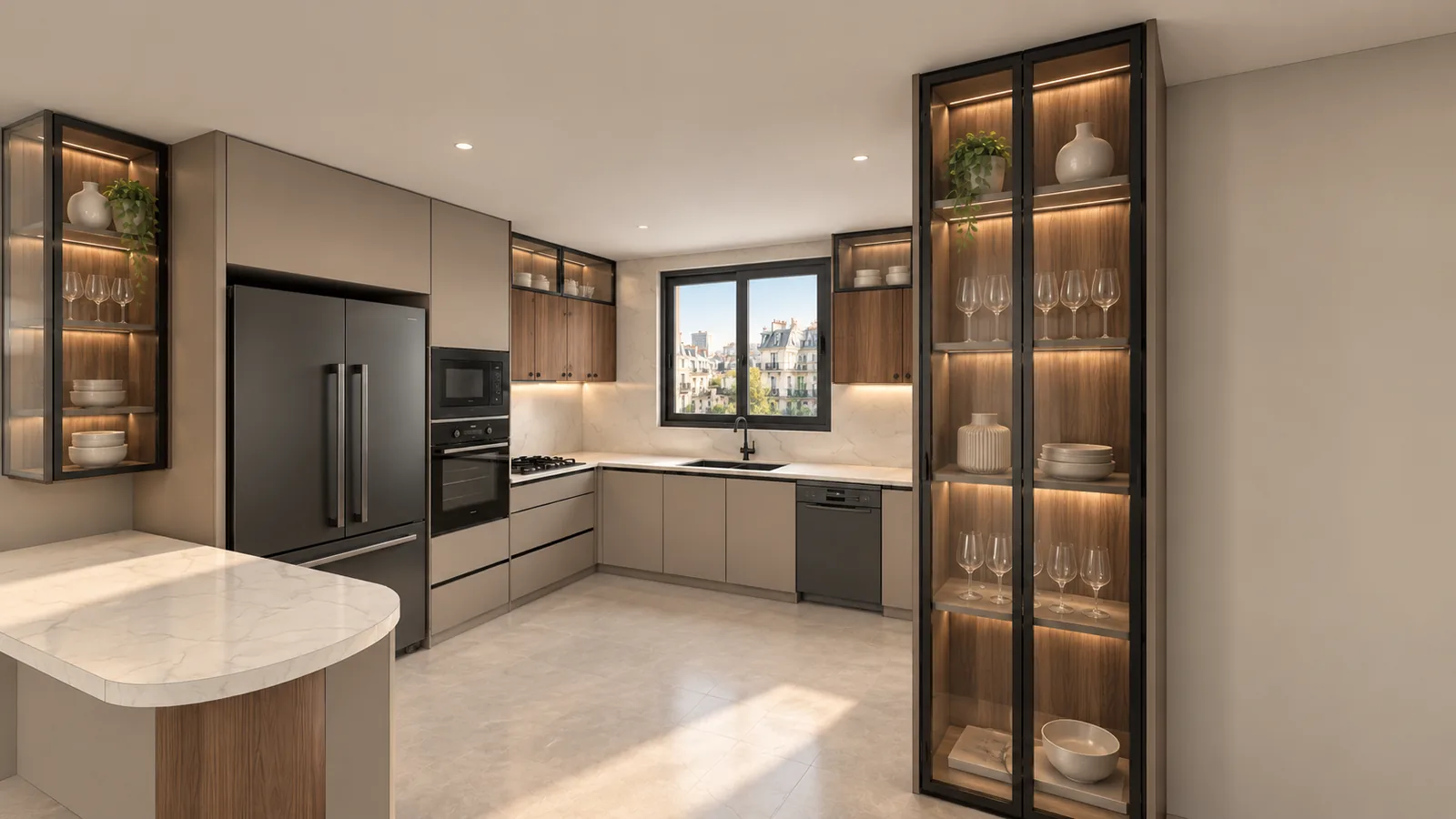 Kitchen view 1: the same frame rendered by an AI image tool with one reference photo