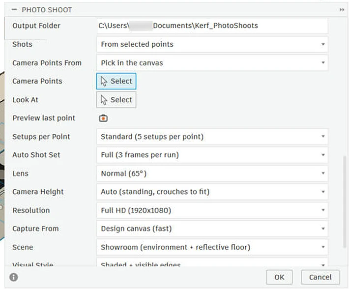 The Kerf Photo Shoot dialog in Autodesk Fusion: shots from selected points, lens, camera height, resolution, scene and visual style.