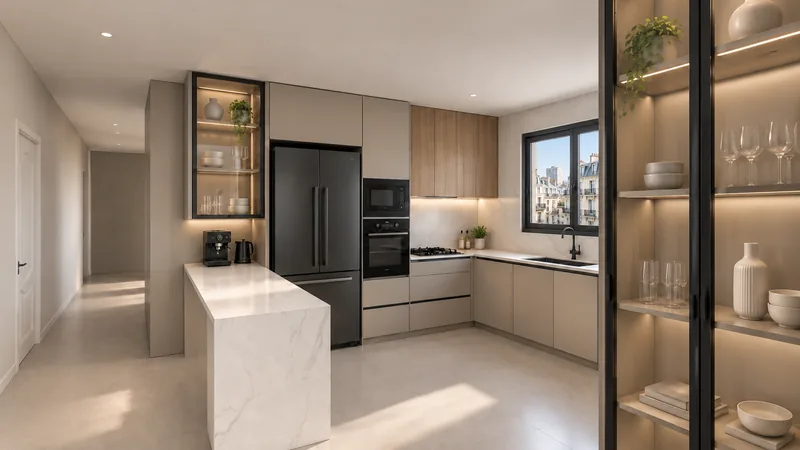 The reference photo: a warm, taupe kitchen with walnut uppers, black appliances and a glass display cabinet.