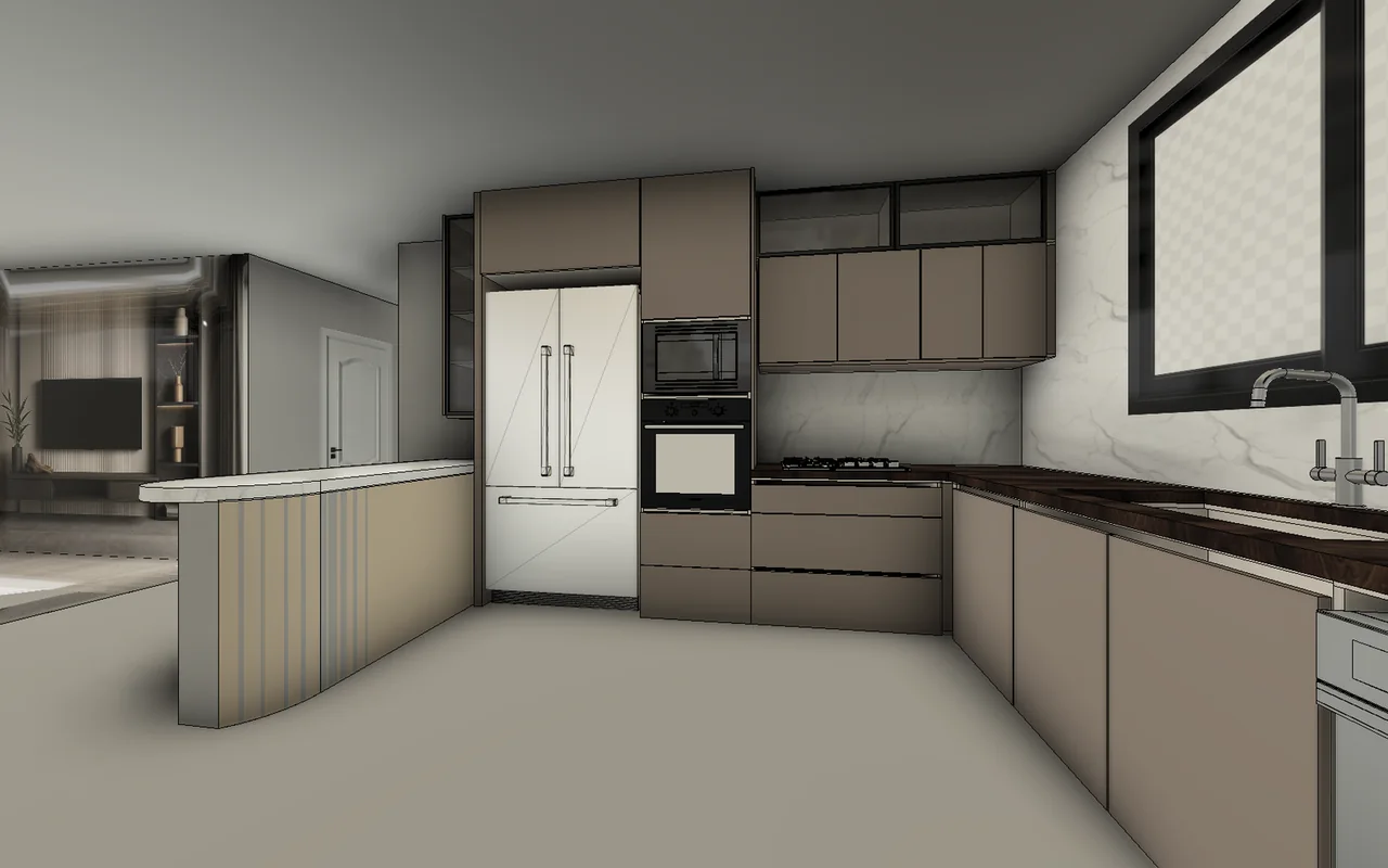 The kitchen as Kerf built it in Autodesk Fusion, in a Photo Shoot frame
