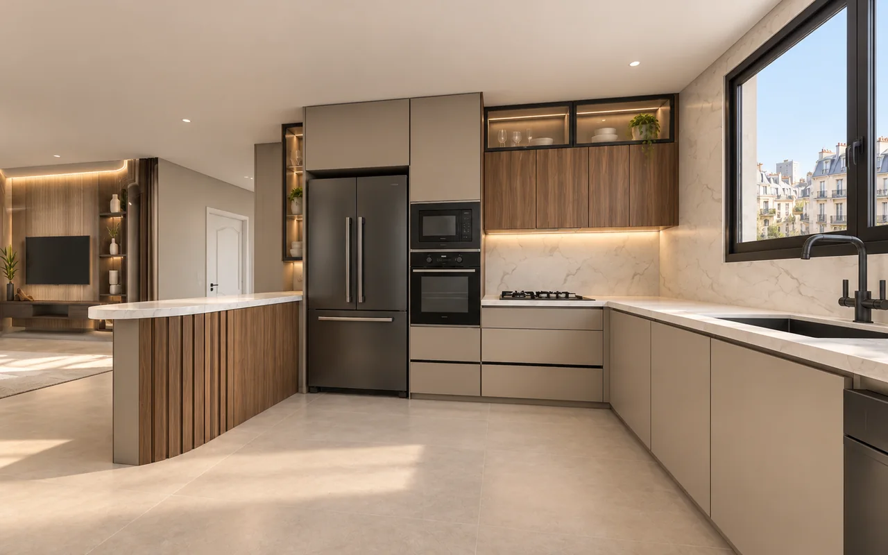 The same view of the same kitchen, rendered photorealistically in Astra from that frame